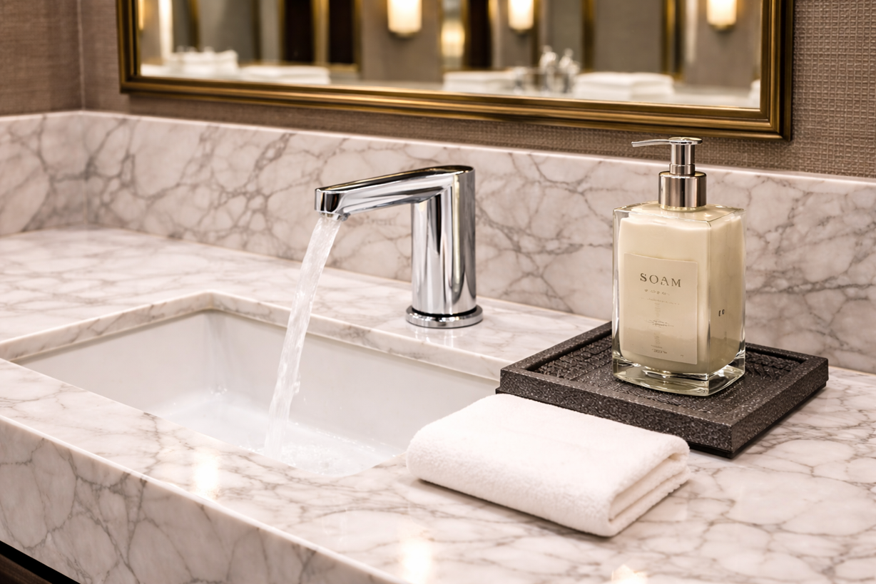Commercial faucet and soap dispenser set